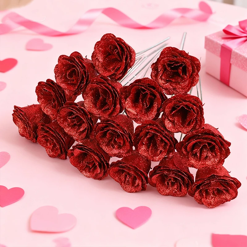 

10pcs 7cm Simulation Red Pink Sparkling Rose With Pole Artificial Flower Valentine's Day Wedding Engagement Birthday DIY Decor