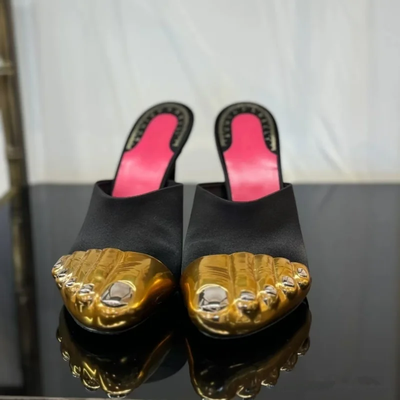 Golden Five Toes Patchwork Stiletto Sandals Women Pointed Toe Cover Heel Ankle Strap Sandals Lady Elegant Sexy Party Dress Shoes