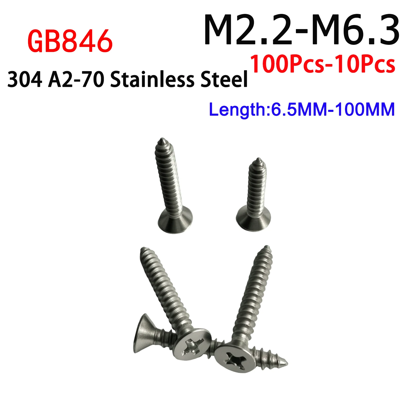 

M2.2 M2.9 M3.5 M3.9 M4.2 M4.8 M5.5 M6.3 GB846 304 Stainless Steel Cross Phillips Flat Countersunk Head Self-tapping Wood Screw
