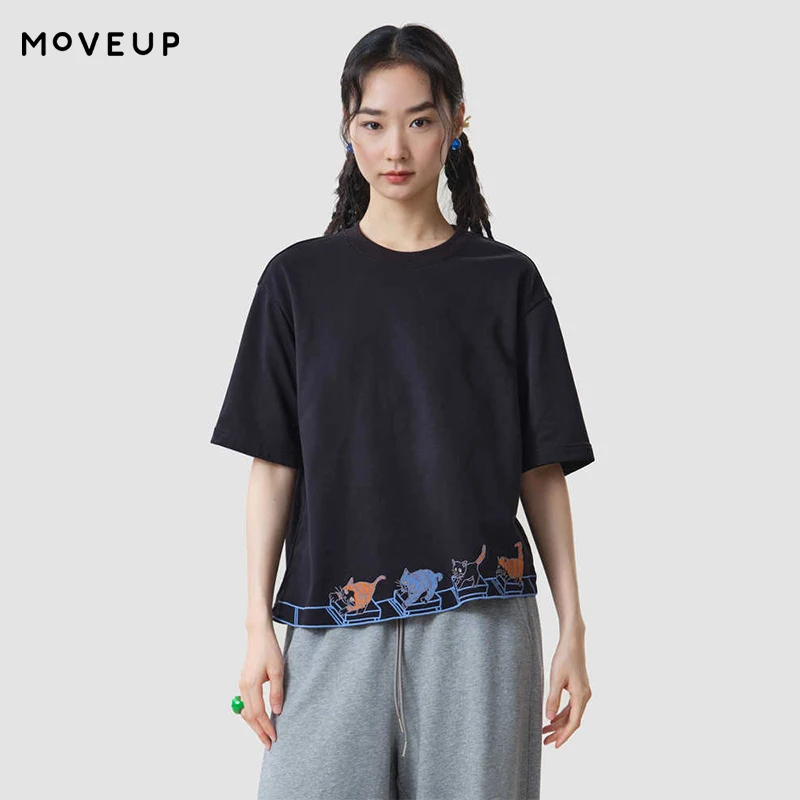 MOVEUP Women's Dropped Sleeve Pullovers Autumn Crew Neck Cartoon Cat Embroidery Short Sleeve Loose Casual Daily Top 3ELQ11430