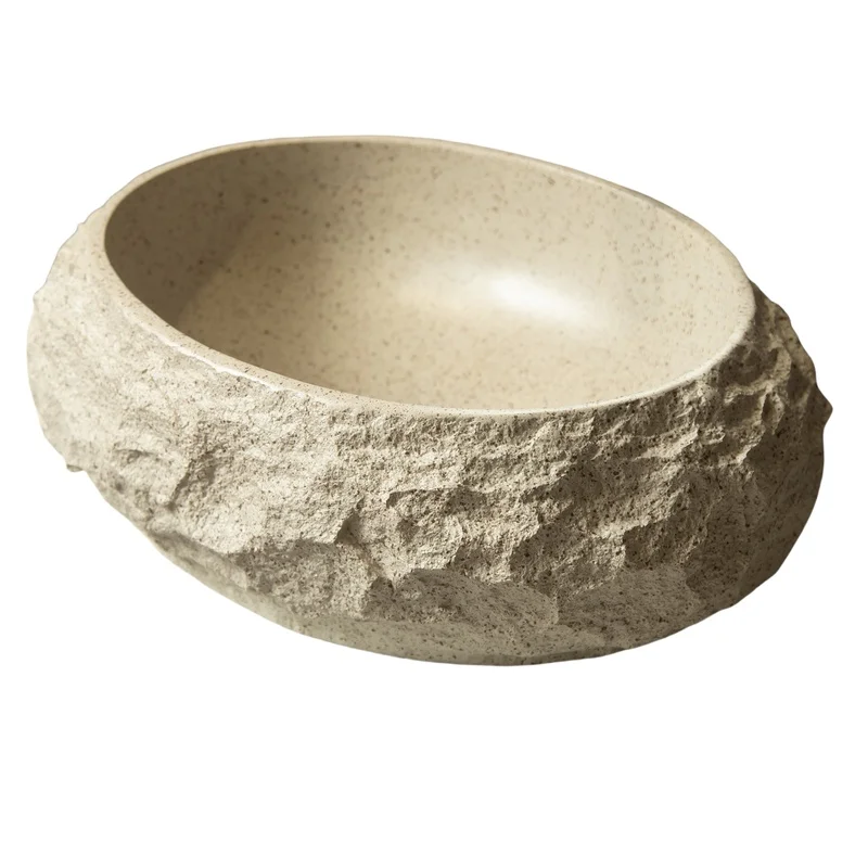 

Luna 18 Bathroom Sink, Irregular Oval Resin Vessel Basin, Stone Texture, Beige Artistic Design, No Faucet