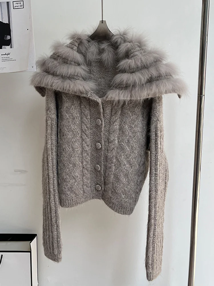 

Autumn Women Coat Knitted Cardigan Sweater Real Natural Fox Fur Stripe Collar Luxury Female Full Sleeves Jackets