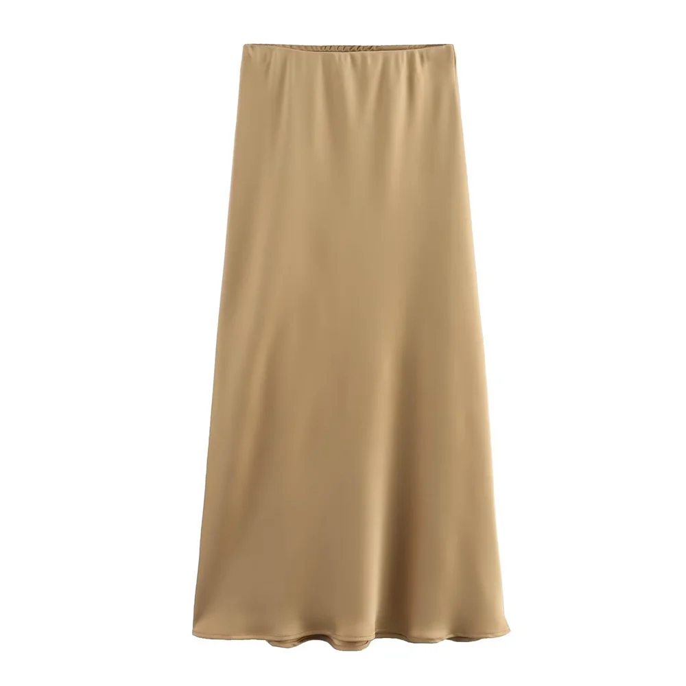 PB&ZA2024 autumn new women\'s clothing fashionable temperament slim fit casual simple versatile silk satin texture Midi skirt