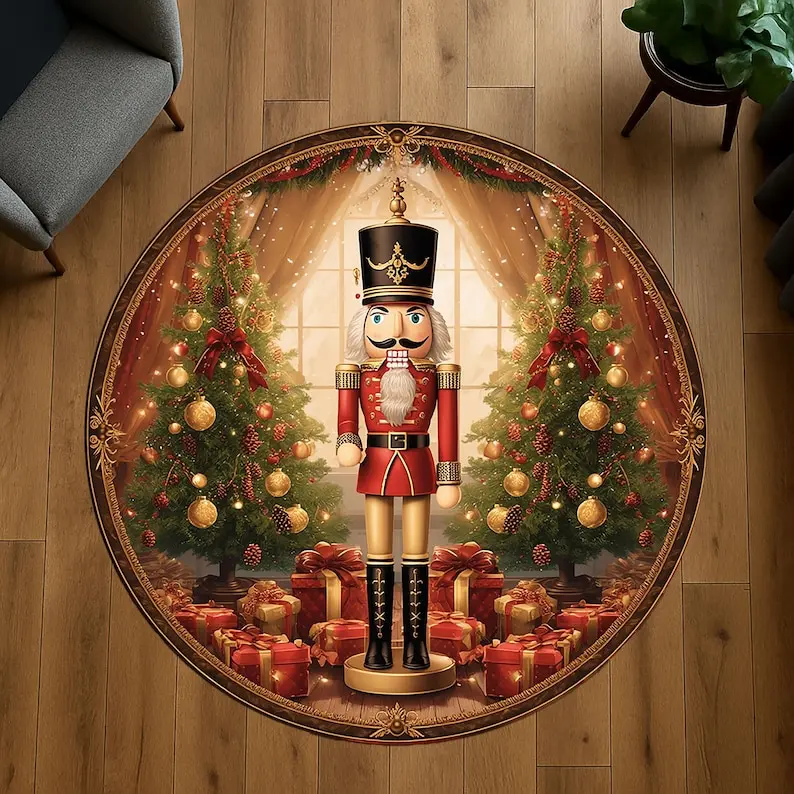 Nutcracker Round Doormat, Classic Christmas Gifts and Trees Rug, Vintage Holiday Ballet Carpet for Festive Living Room Decor