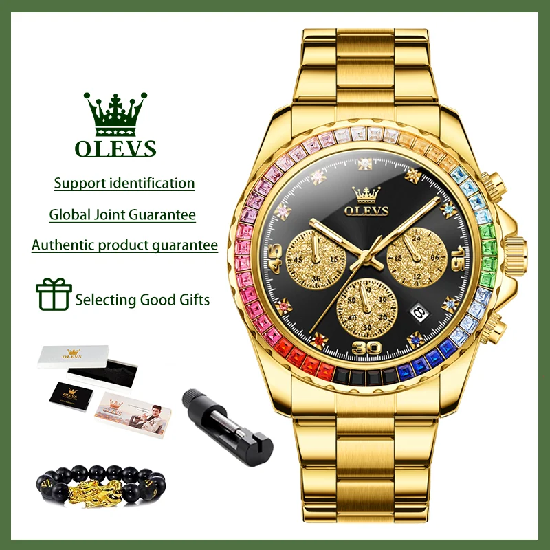 OLEVS Original Men Watch Rainbow Diamond Ring Dial Waterproof Quartz Watch for Man Skeleton Luxury Calendar High End Wristwatch