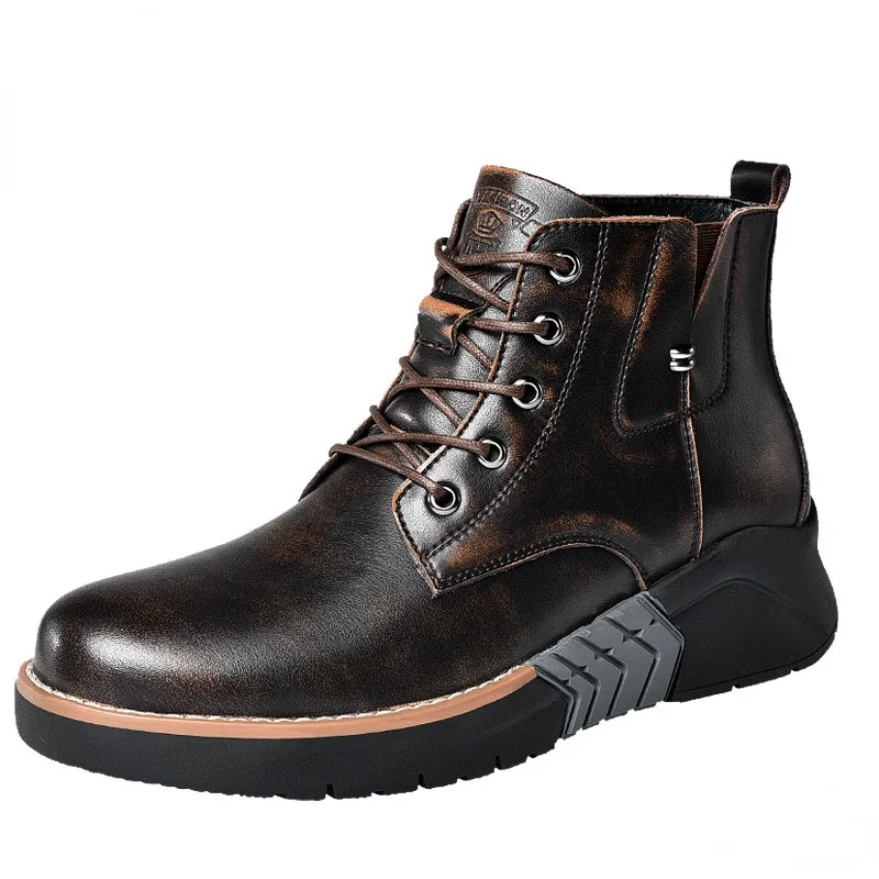 

Men Boots Elevator Shoes Height Heightening Man Increase Insole 7cm Leather Motorcycle Winter Fashion