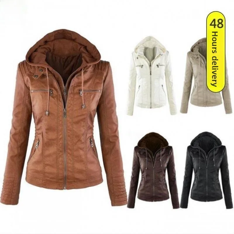 レディースレザージャケット ロング丈 ジップアップコート ユーロフード 合成皮革衣料 女性用 冬服 ファッション 中年向けスーツ...