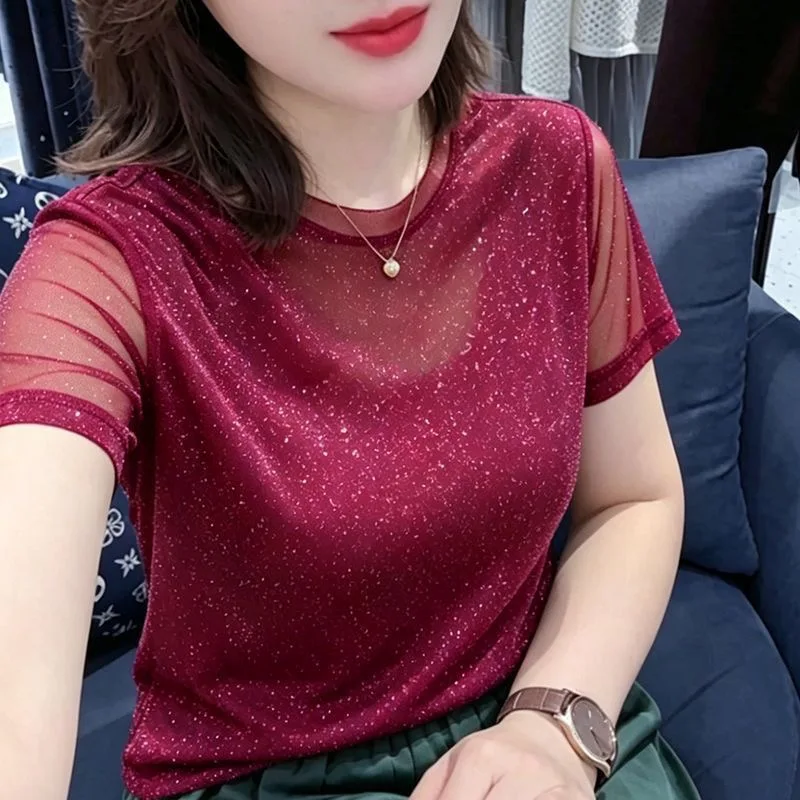 Red Short Sleeve T-Shirt Women Summer Loose Thin round Neck Body T-Shirt Micro Transparent Inner Mesh Base Bright Silk Slim Top
