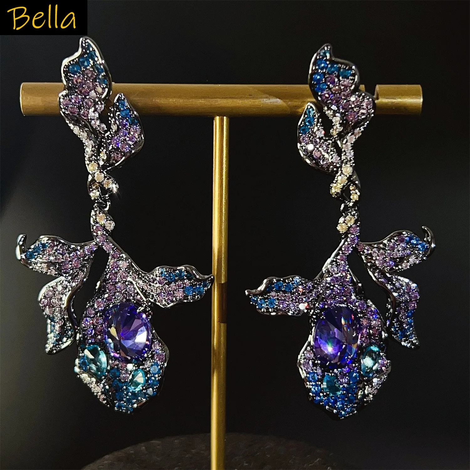 

blue purple flower leaf earrings plant zirconia pendant long earrings for women wedding dinner party sparkly jewelry