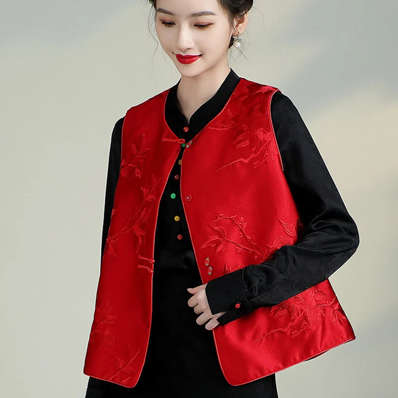 

High-end Embroidery Vest Women's Loose Sleeveless traditional Chinese Garments Lady Beading Top S-XXL