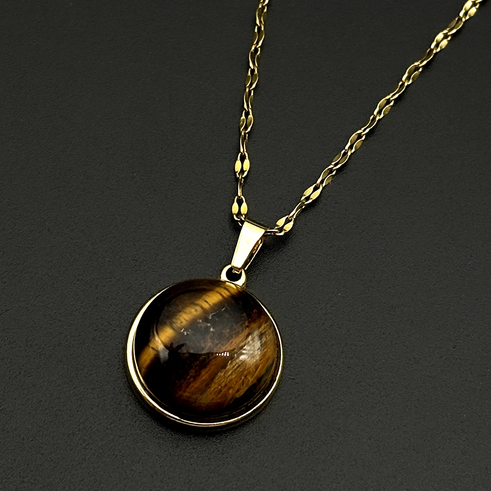 Tiger Eye Natural Stone Pendant Stainless Steel Chain For Women Men Healing Crystal Everyday Necklace Embedded Jewelry Gifts