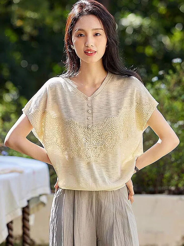 Faionable doux pour la peau glace soie haut tricoté dentelle épissage conception ort Sve été Faionable coréen Sle coupe ample