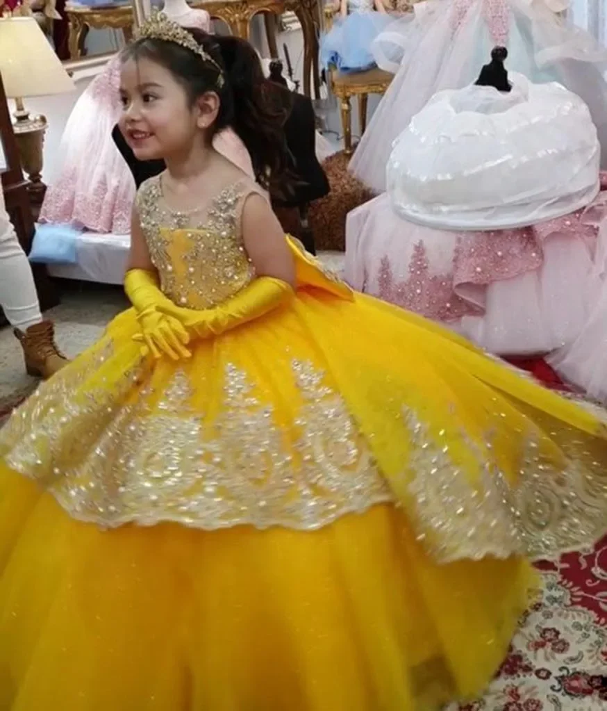 Gold Girls Princess Dress 2024 Tulle Tiered Flower Girl Dress Toddlers Beaded Lace Pageant Dress Customized Birthday Party Gowns