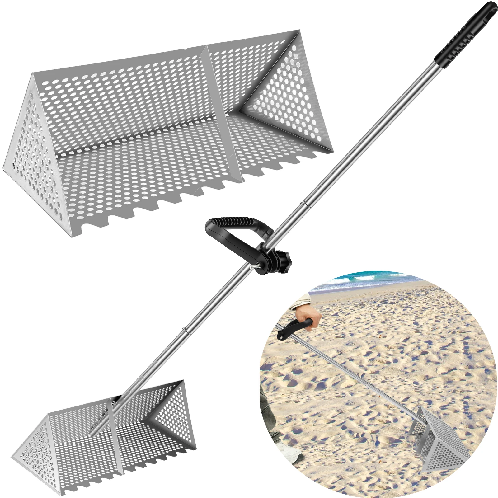 

Sand Flea Rake Beach Sand Filting Rake Stainless Steel Basket Sifter Beach Shovel Detachable 52inch Long Handle Sea Rake Tool