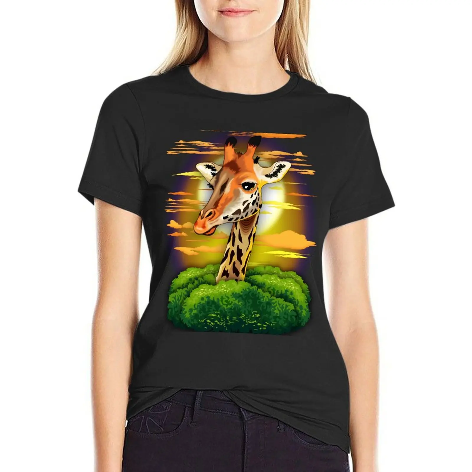 Giraffe on Wild African Savanna Sunset T-Shirt animal prinfor sublime customs tshirts woman