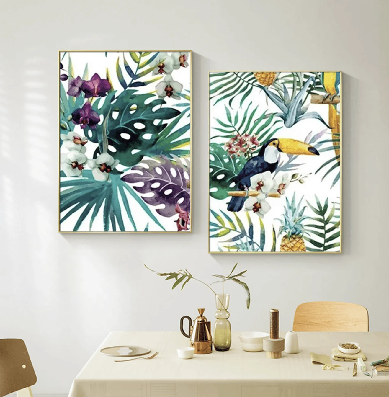Watercolor Tropical Toucan Palm Leaf Canvas Wall Art, Jungle Floral Prints Posters for Living Room Bedroom Home Decor