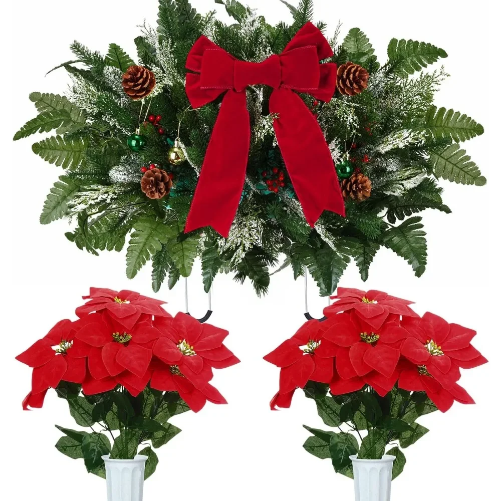 

3 Pieces Christmas Cemetery Flowers - Snow Frosted Headstone Saddles with Red Poinsettias & Velvet Bow