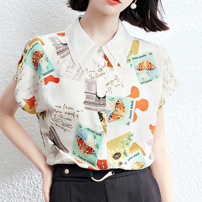 

Elegant Fashion Harajuku Slim Fit Female Clothes Loose Casual All Match Tops Women Printed Button Chiffon Short Sleeve Blusa