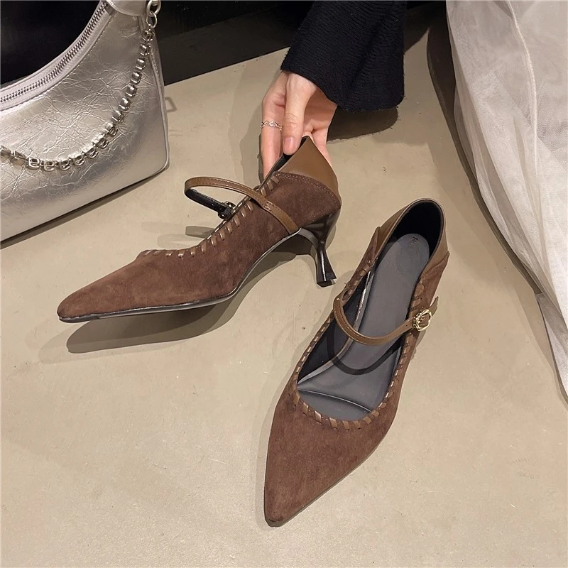 

Kitten Heel Single Shoes Fashion Pointed Fleece One Strap Soft Sole Anti-Slip Wear-Resistant Low Top Shoes