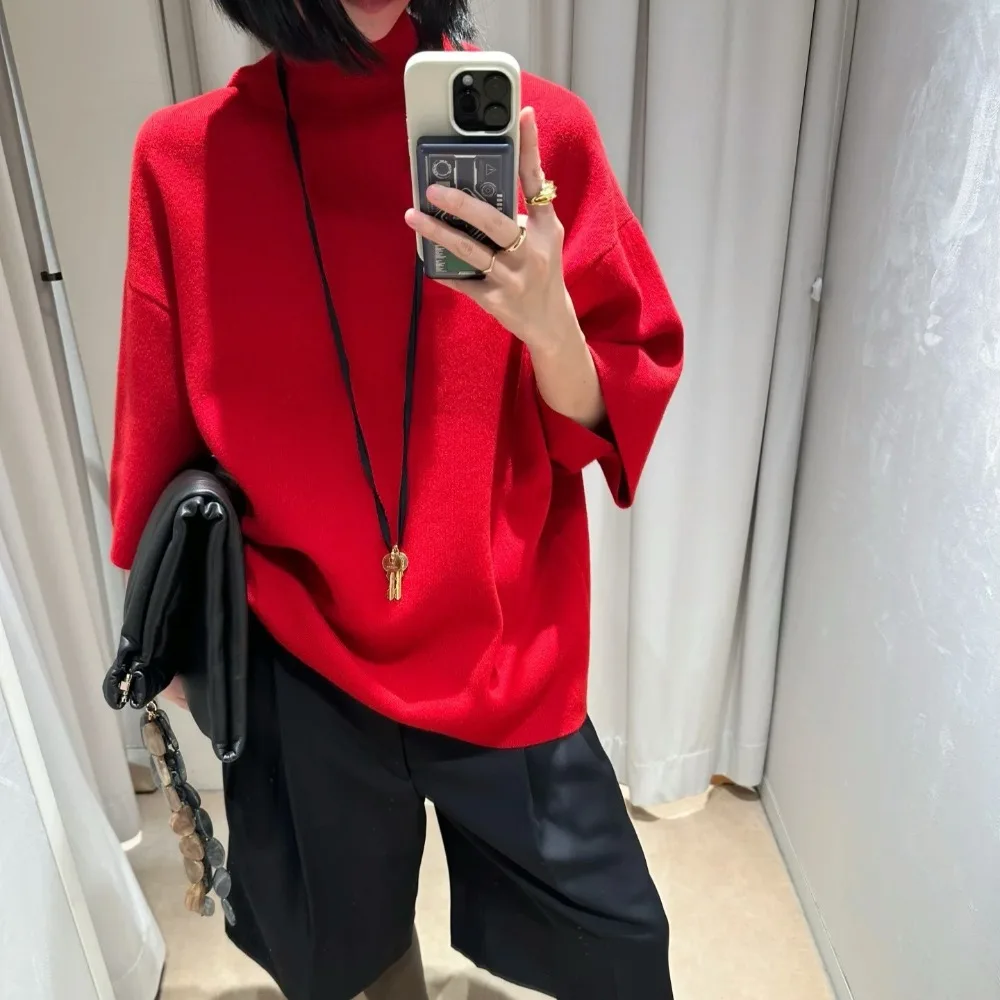 

Дизайн ленты на шее сзади, свободный силуэт, модный красный свитер высокого качества