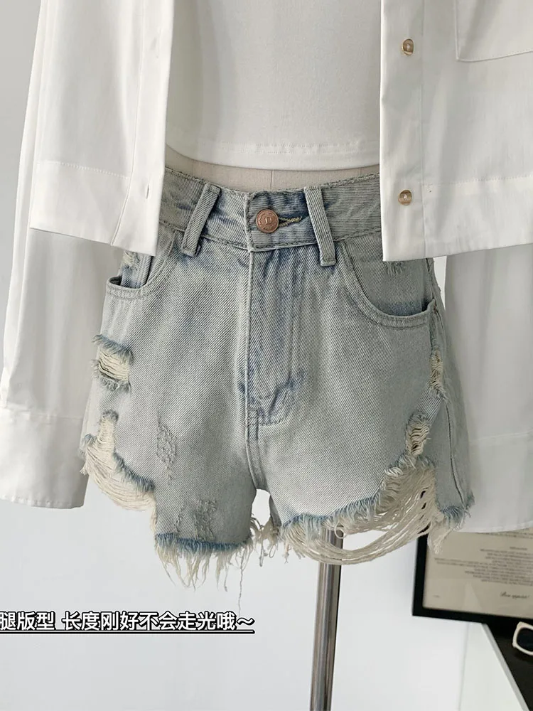 Korean Fashion Gyaru Jean Shorts Ripped Hole High Waist Cotton Denim Shorts Tassels Gyaru Sexy Hot Pants Streetwear Coquette Y2K