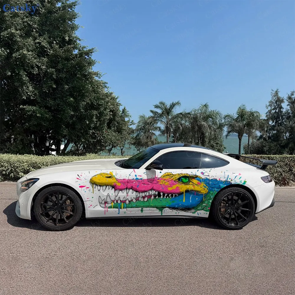 2pcs Graffiti Crocodile with Dripping Car Side Wraps, Self-Adhesive PVC Waterproof & Scratch-Resistant Stickers, Car Accessory