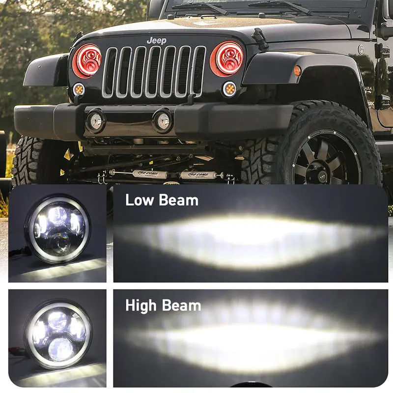 OVOVS 7 Inch RGB LED Headlight Blue-tooth App Control RGB Halo Ring High Low Beam Headlamp for Jeep Wrangler JK JKU TJ