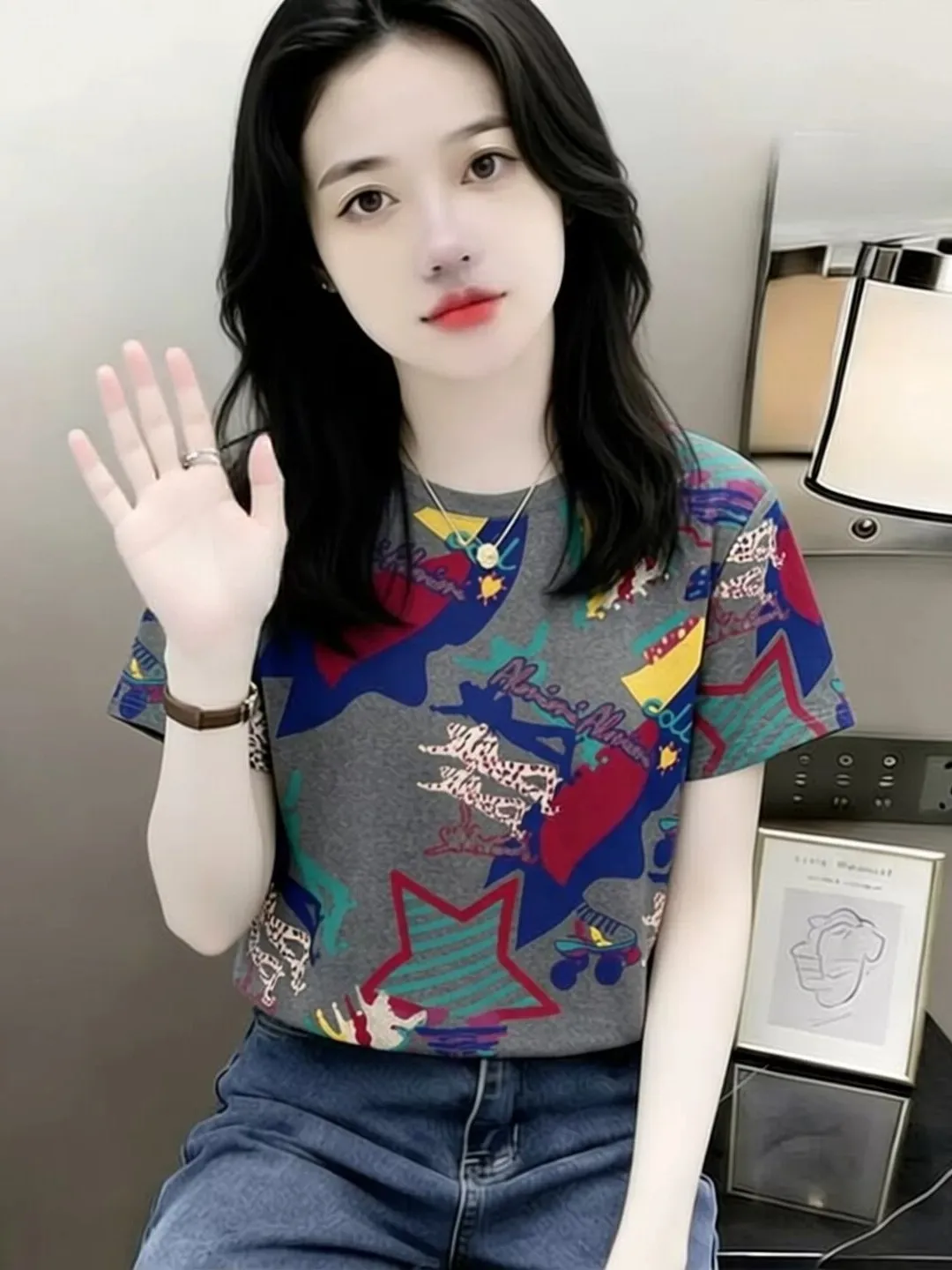 

Retro Graffiti Print Short Sleeve T-Shirt Women Summer Loose Slimming Casual Top Female Fashion Design Loose Fit Tshirt
