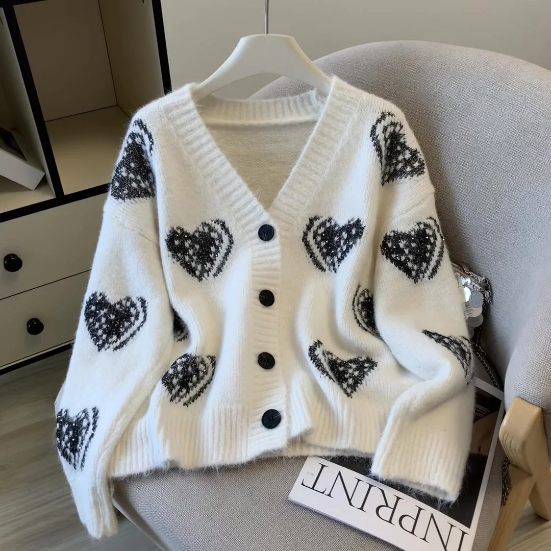 

Women's White V-Neck Cardigan Sweater Vintage 2000s Y2k V-Neck Knitwear Long Sleeves Luxury Sweater Autumn Winter Clothes 2025