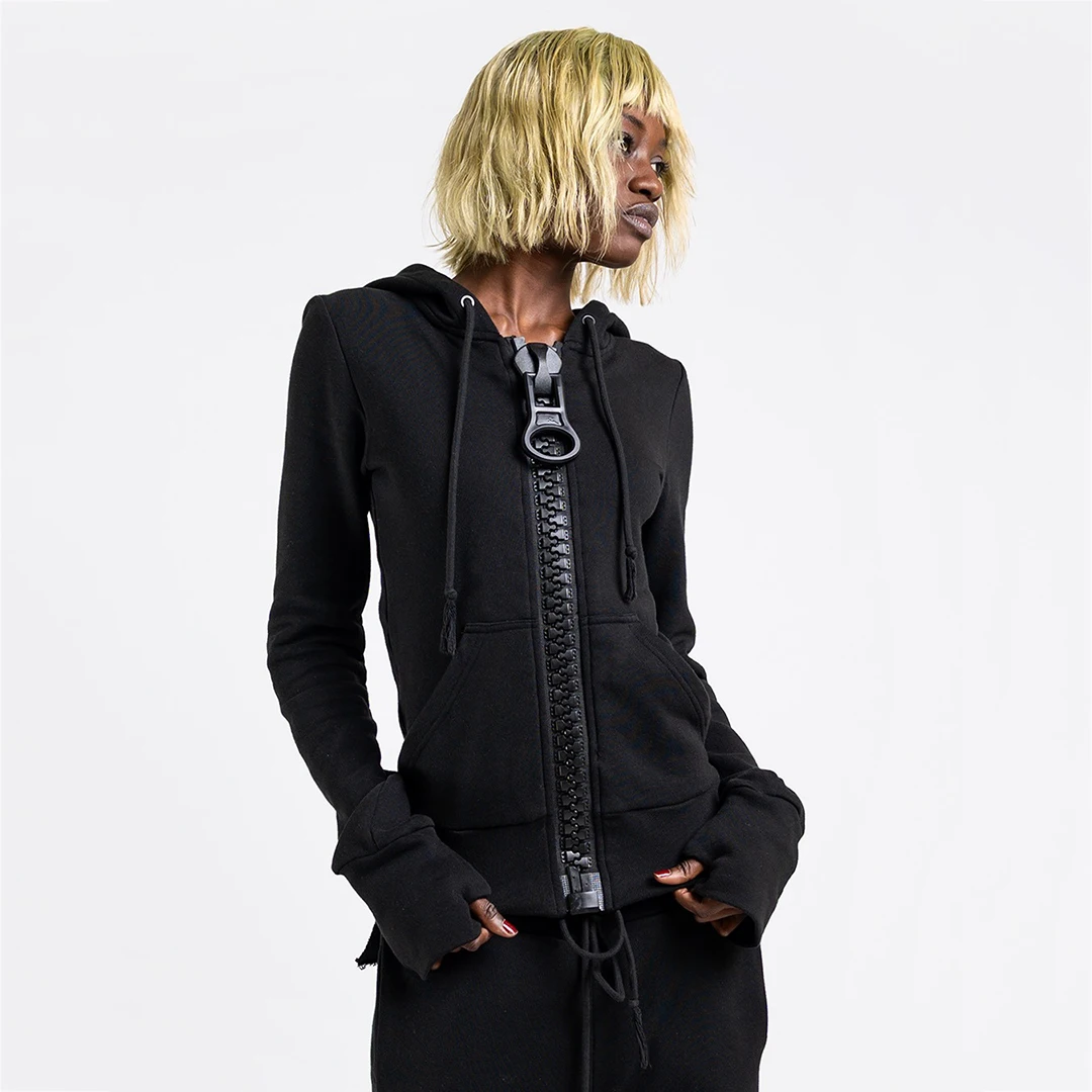 Damen Frühlings- und Herbst-Streetwear Einfarbiger Großer Ring-Zipper Weitgezahnter Reißverschluss Kapuzen-Cardigan Hoodie Gothic Y2K Casual – Detail 3