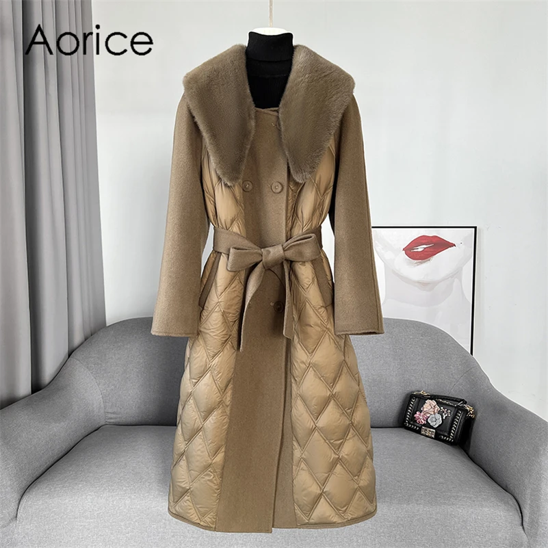 Aorice Women Luxury Winter Wool Fur Coat Jacket Femal Mink Fur Collar Coats Lady Long Over Size Down Lining  Parka Trench CT2153