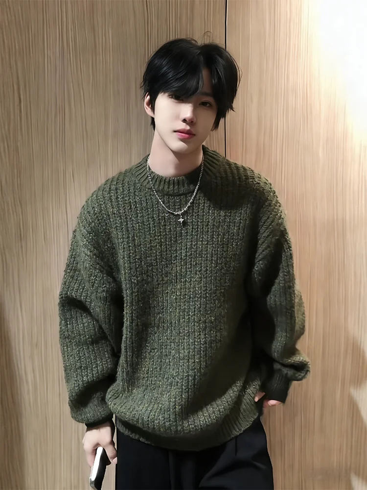 

Мужской свитер из смесовой шерсти с начесом, круглый вырез, зимний, свободный крой, удобный, вязаный, для ношения под одеждой, повседневный, из смесового полиэстера