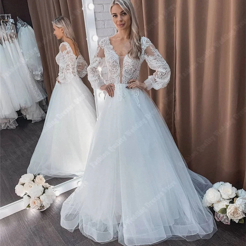 Vestidos de casamento sem encosto para mulheres, decote em v, vestidos de noiva sexy, vintage Simpe, tecido brilhante, decalque, linha A, 2024