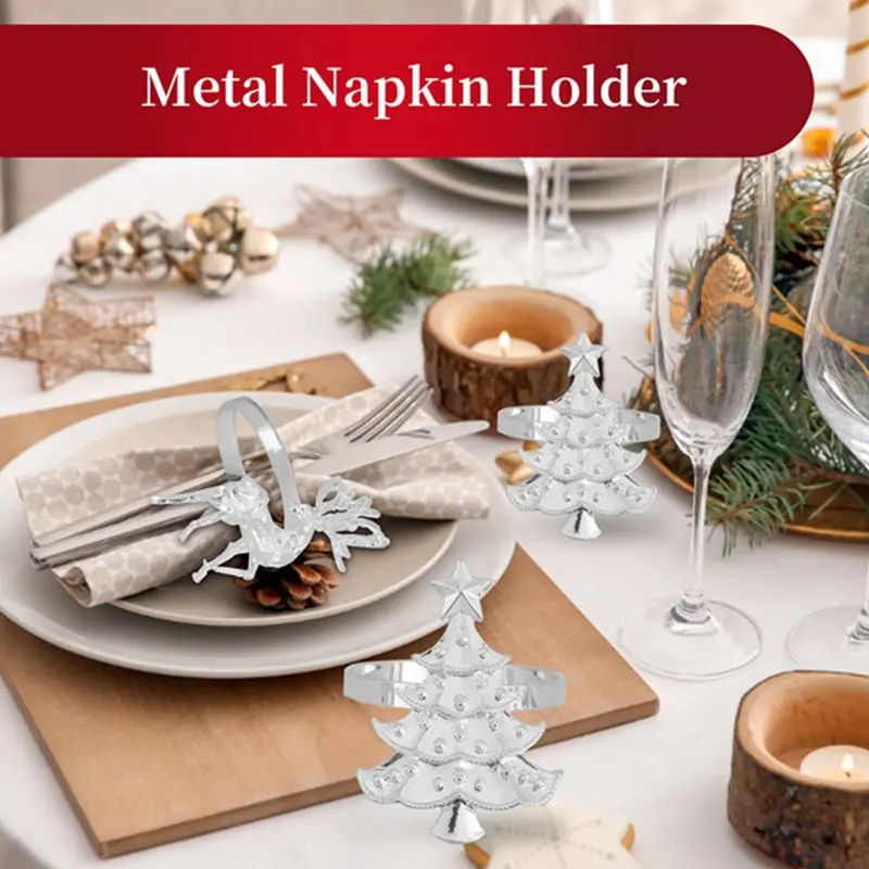 حامل مناديل عيد الميلاد، حلقة منديل شجرة عيد الميلاد على شكل ندفة الثلج من الأيائل لإعداد عشاء عطلة الشتاء وزينة عيد الميلاد