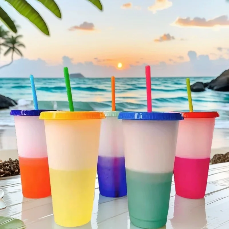 Color Changeable, Plastic Cups with Straws and Lids - Pack of 5 24 oz - Reusable thick plastic cups with straws.