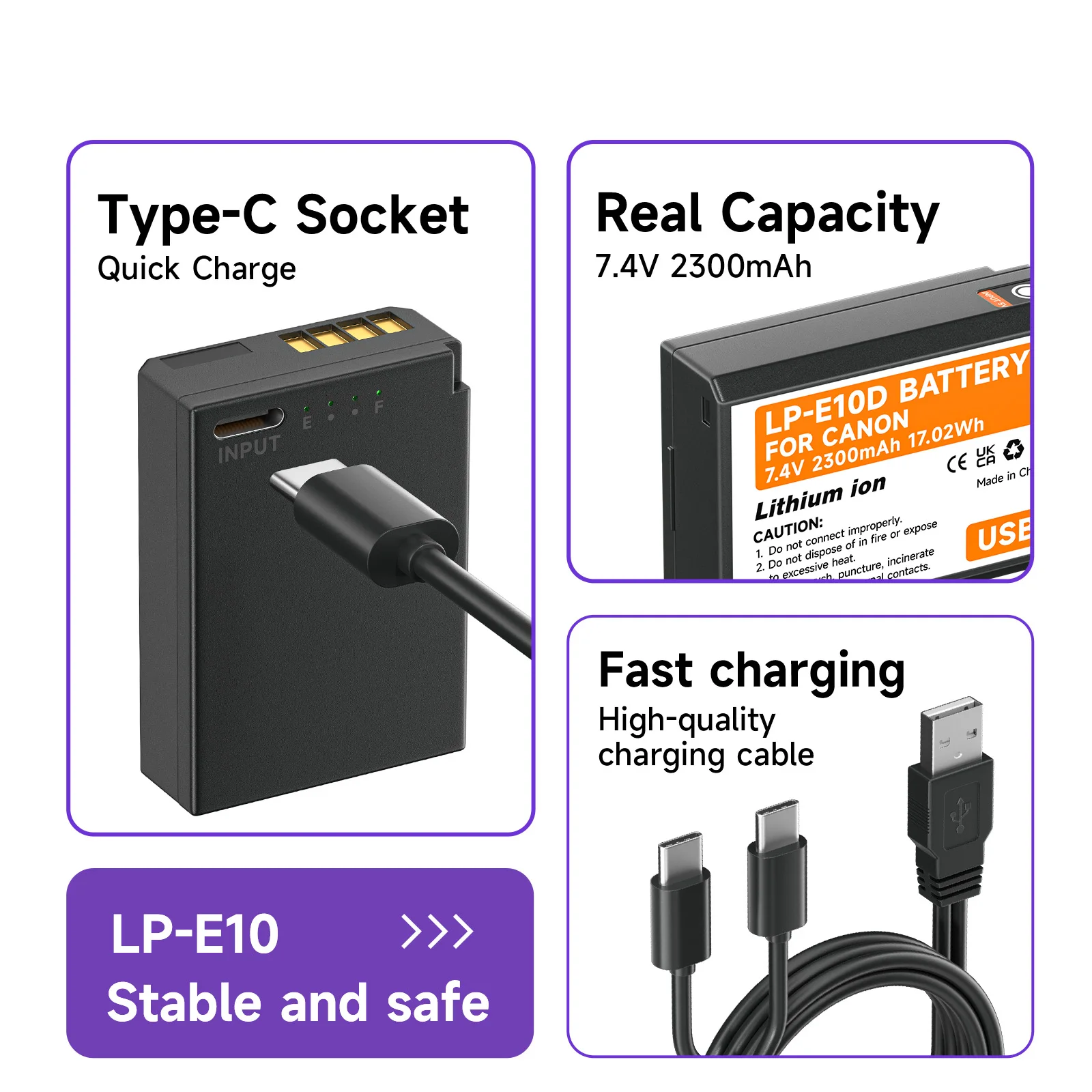 PALO LP-E10 LPE10 LP E10 USB Battery for Canon EOS 1100D 1200D 1300D Kiss X50 X70 X80 Rebel T3 Camera, 2300mAh, USB charging