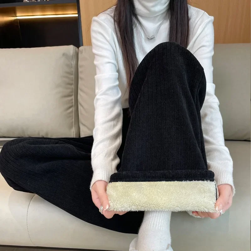 Women Autumn/Winter Simplicity Trend Solid Color High Waist Appear Thin Fleece Wide Leg Women Clothes Fashion All-match Trousers