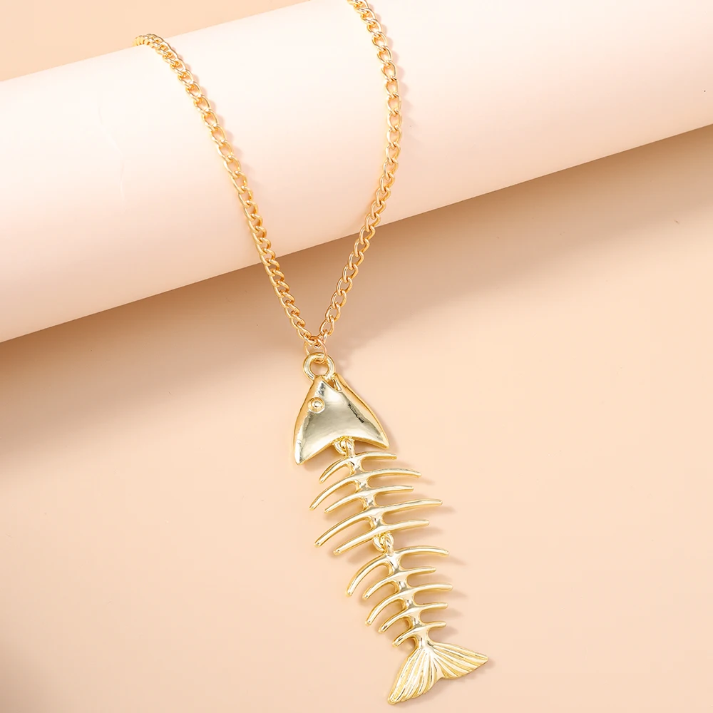 Aihua Neue Personalisierte Edelstahl Fisch Knochen Anhänger Halskette Für Frauen Männer Hip Hop Sommer Strand Urlaub Schmuck Geschenke – Detail 2