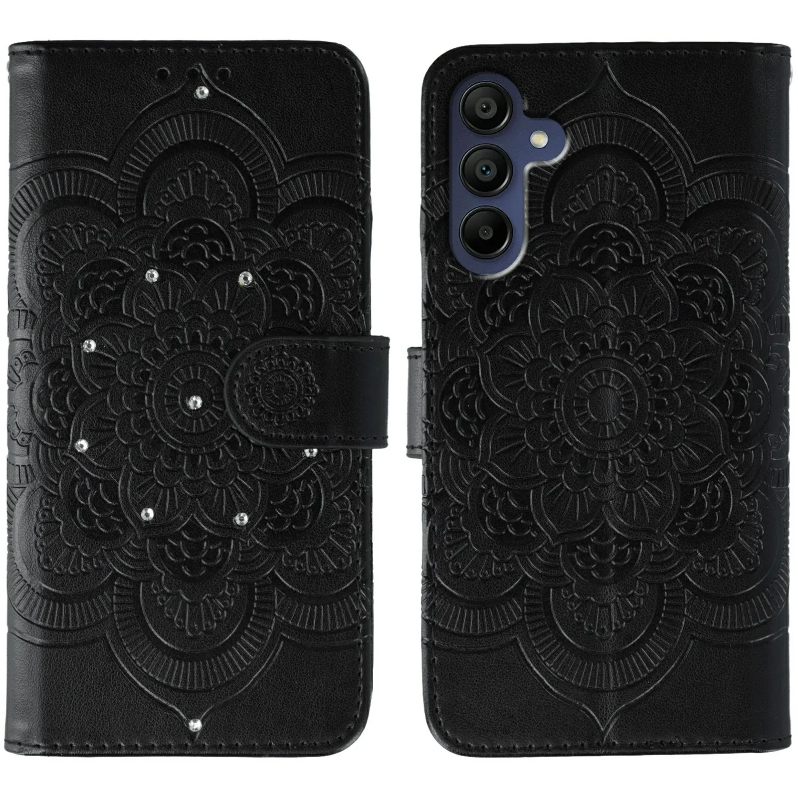 For Samsung Galaxy S26 FE Case Rhinestone Decor PU Leather Mandala Imprint Phone Cover with Wrist Strap - Black