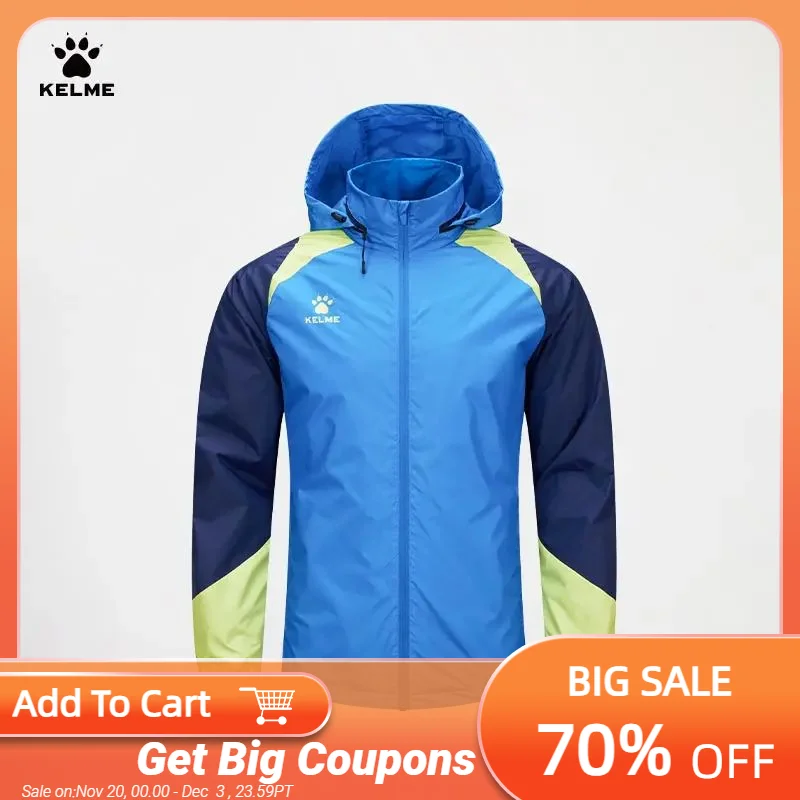 

Мужская ветровка KELME, куртка для бега, для тренировок, для футбола, ветрозащитная спортивная куртка, быстросохнущая, высокая горловина, колготки, съемные куртки с капюшоном