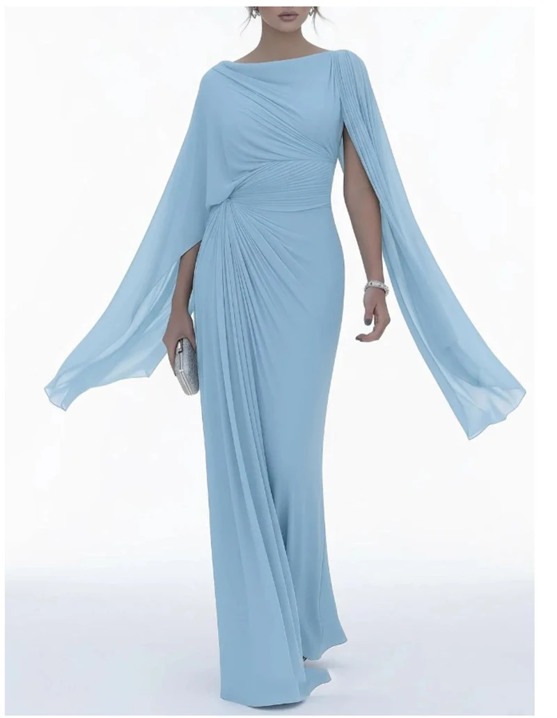 2026 Women Elegant High Waist Solid Color Evening Dress Sexy Slash Neck Long Sleeve Pleated Slim Fit Irregular Hem Formal Banque - view 6