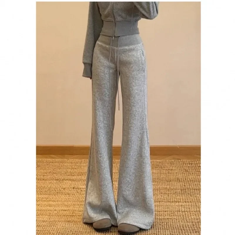 High-waisted Slimming Drooping Effect The Same Fleece Flared Sweatpants Grey Slightly Flared Casual Pants Women New Autumn Style