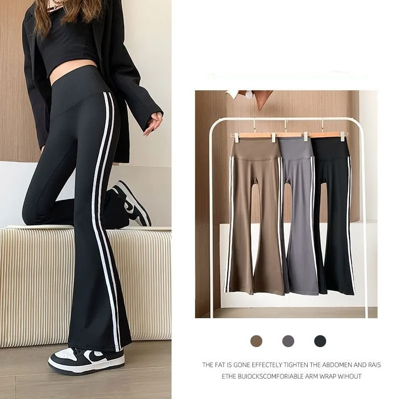 Women Stripe Flared Shark Pants Thin Style Yoga Leggings High Waist Hip Liftting Workout Running Fashion Skinny Sports Leggings