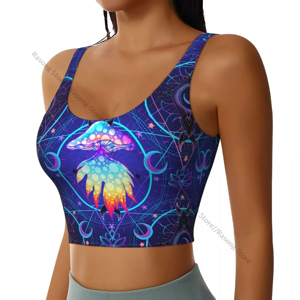 Yoga Vest Women Gym Sports Crop Tops Magic Mushrooms Over Sacred Geometry Streetwear Workout Breathable Tank Top Female