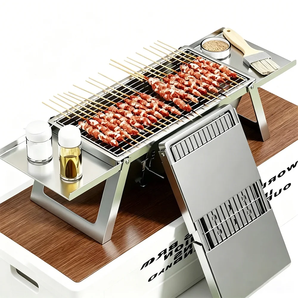 Portable Folding Stainless Steel Charcoal Grill, Outdoor Camping BBQ Grill for Home Backyard Barbecue, Meat Fish Roasting