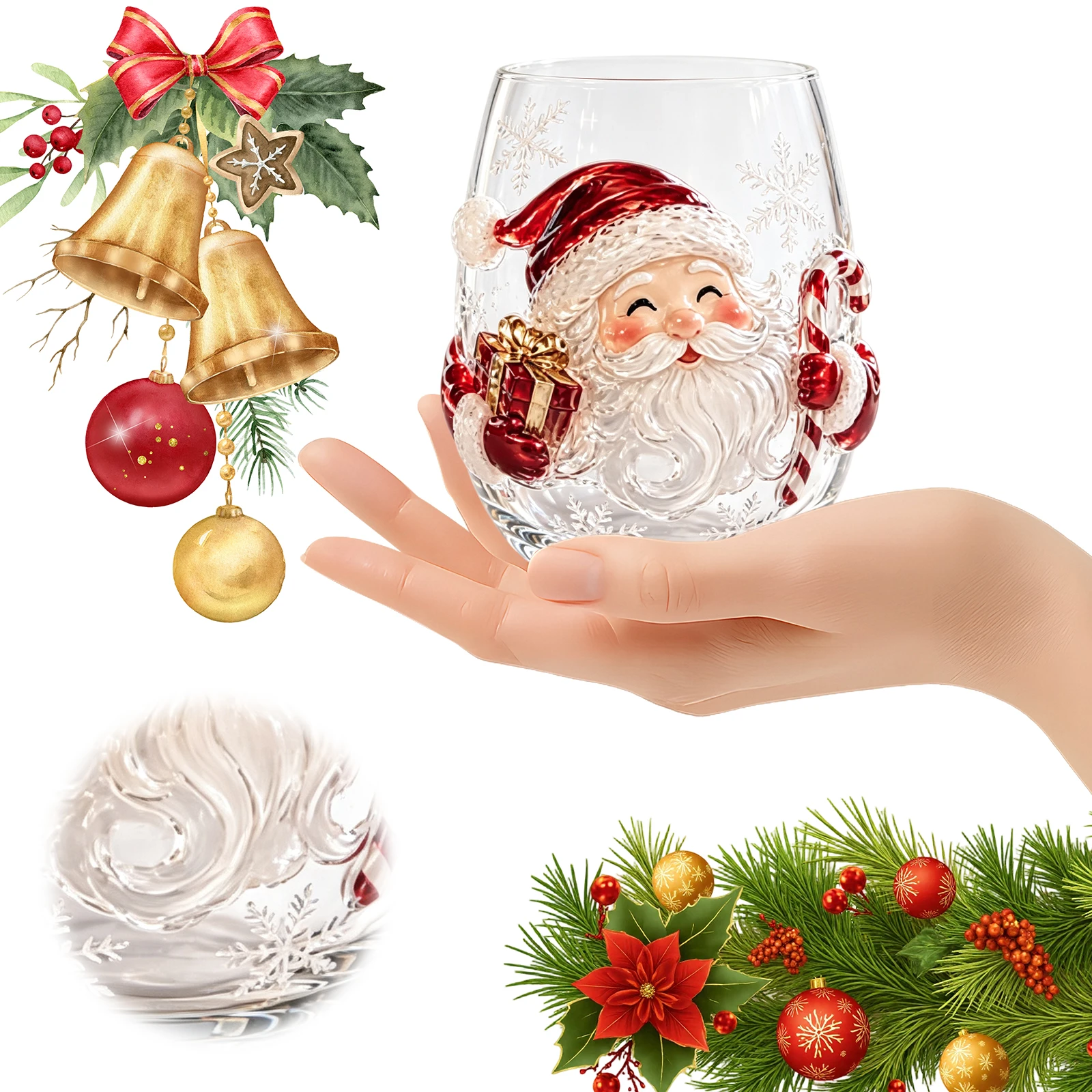 Christmas Embossed Glass Cup 3D Santa Claus Reindeer Snowman Tree Holiday Drinkware Festive Winter Gift New Year Table