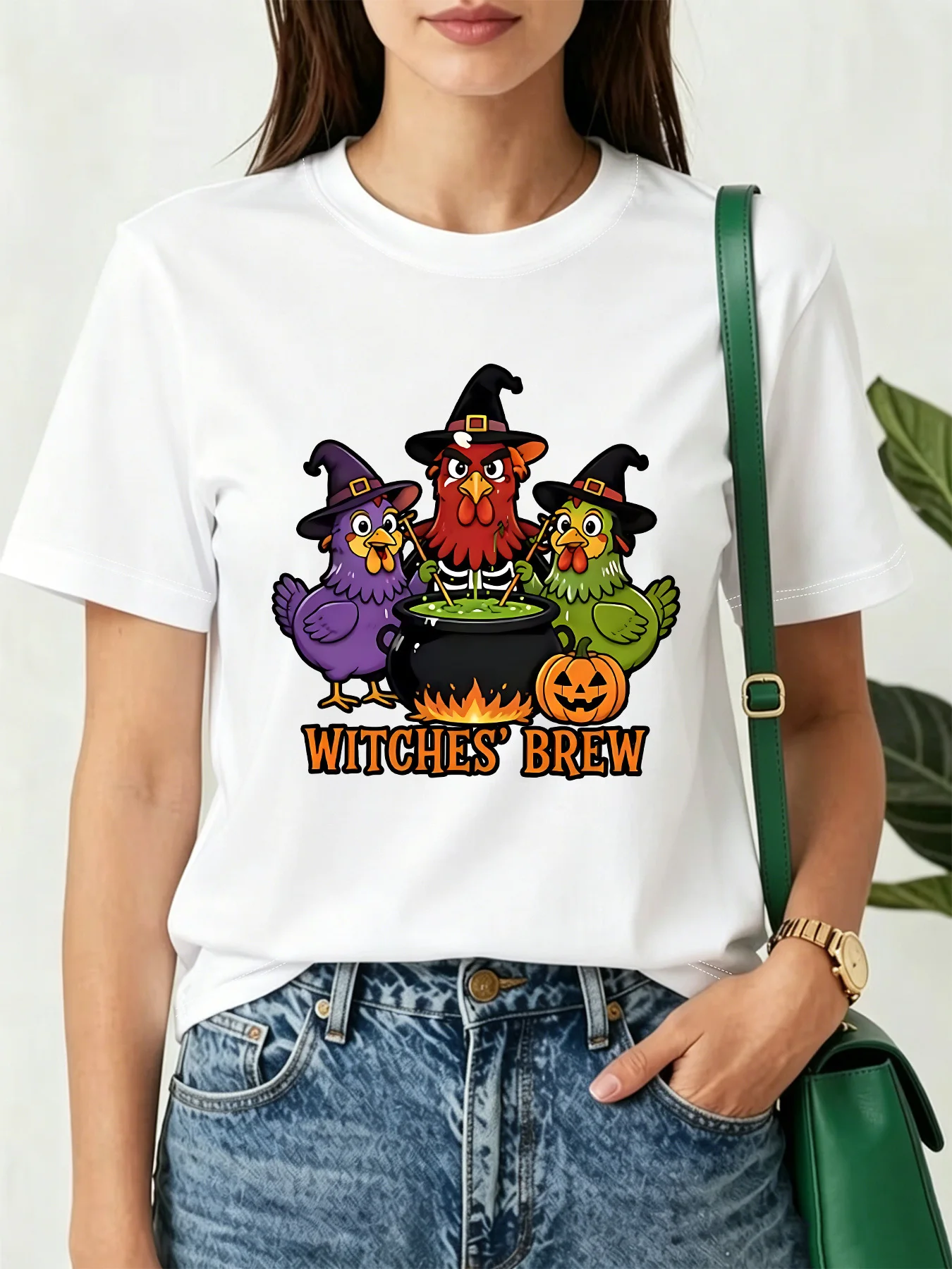 Cute Witches Brew Halloween Chicken Pumpkin Art Print Graphic Womens T Shirt Short Sleeve Crew Neck Casual Ladies Tee Tops