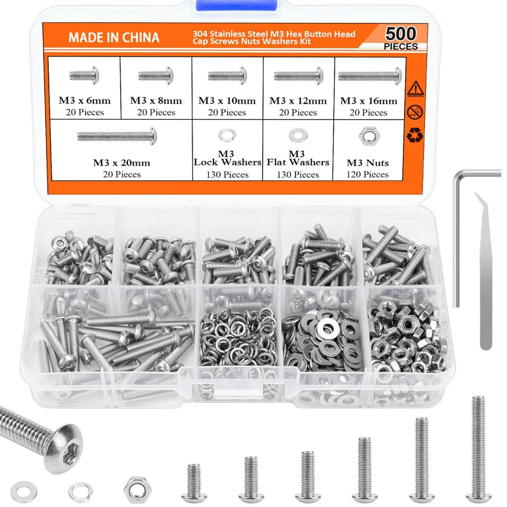 

500pcs Cylindrical Head Hexagon Socket Screw Nut Flat Spring Washer Combination Set M3 Hexagon Socket Screw 6-20mm Screws Nuts
