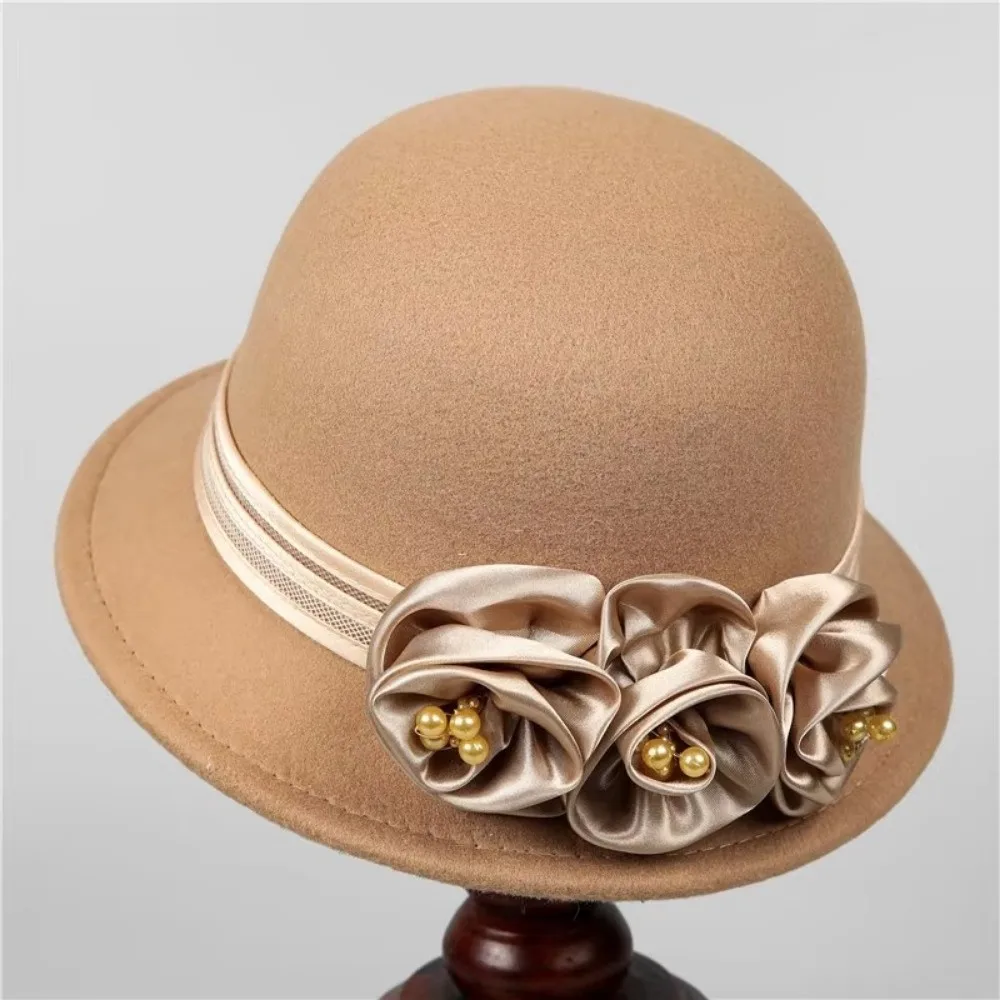 

Fashion Autumn Winter Fisherman Hat Adjustable Warm Wool Formal Hat Rose Flower Pure Color Flower Decorated Hat Top Hat