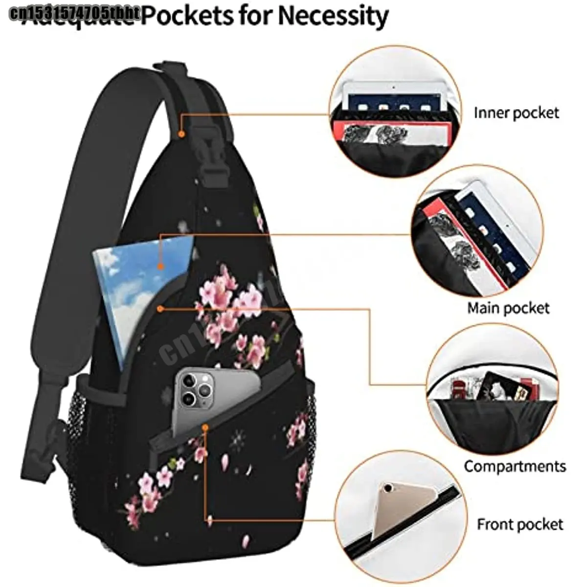 Cherry Blossom Sling Bag Crossbody Backpack,Falling Flower Petals Cherry Blossom Bloom Tree Branch Chest Bag Adjustable Casual